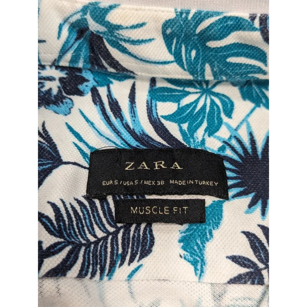 Zara Shirt USA 5 Blue Floral‎ Cotton Short Sleeve Button Down Slim Fit Polo